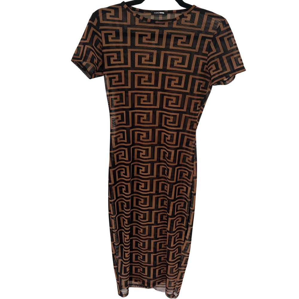 Fashion Nova Brown Geometric Print Mesh Bodycon Midi Dress